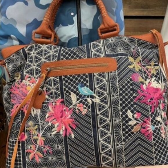 Johnny Was Viviana Denim Weekender Bag Floral Embroidery Handbag Brown Grey NEW - Picture 6 of 6